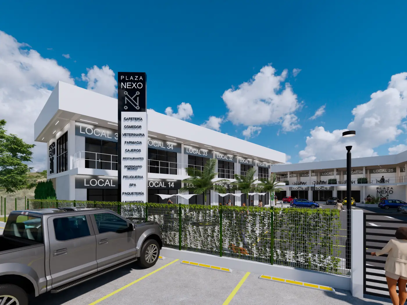 Vista exterior con pylon y área comercial